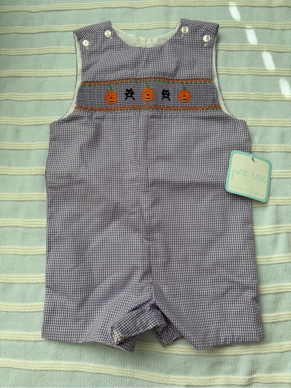 Petit Bebe Purple Gingham Smocked Halloween Jon Jon